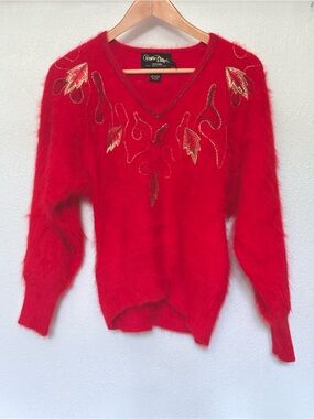 Vintage Red V-Neck Angora Sweater with Gold Leaf Embroidery Women’s Small